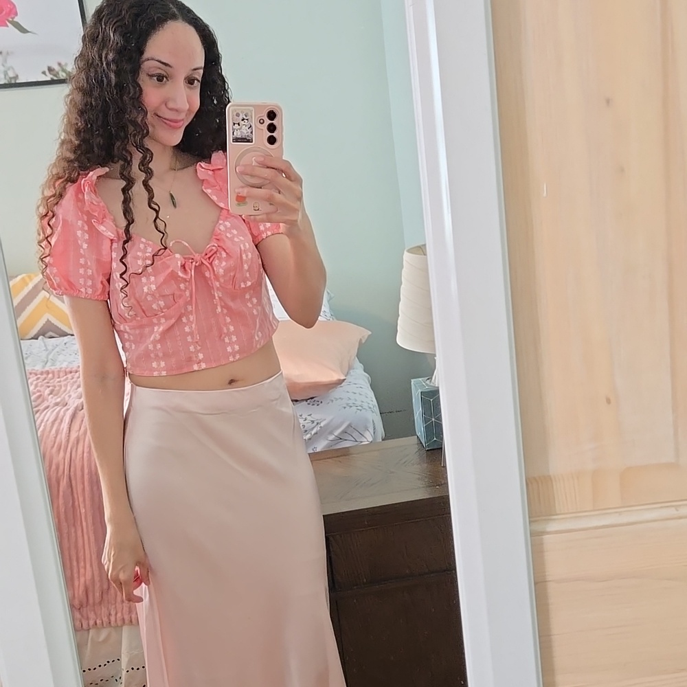 Cleobella Sydney Pink Embroidered Boho Puff Sleeve Crop Top Size S